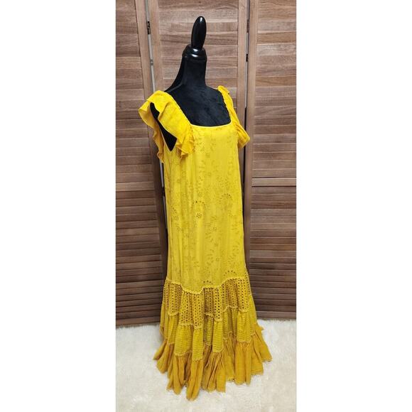 Anthropologie Payal Jain Fallon Eyelet Floral Maxi Dress Mustard Yellow Size 8 - Picture 4 of 9
